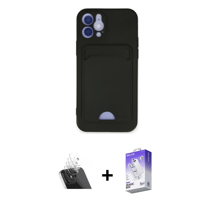 MARSİLYAN™- iPhone 12 Kılıf Vadi Çizgi Prime - Siyah Bilvis 5in1 3D Magic Cam Ekran Koruyucu + Kamera Lens Koruma Cam - SF