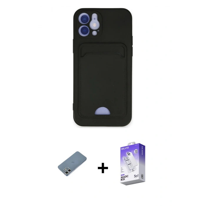 MARSİLYAN™- iPhone 12 Kılıf Vadi Çizgi Prime - Siyah Bilvis 5in1 3D Magic Cam Ekran Koruyucu + Shine Kamera Lens Koruma Cam - GS