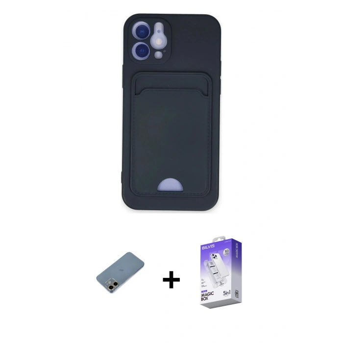 MARSİLYAN™- iPhone 12 Kılıf Vadi Çizgi Prime - Siyah Bilvis 5in1 3D Magic Cam Ekran Koruyucu + Shine Kamera Lens Koruma Cam - GD