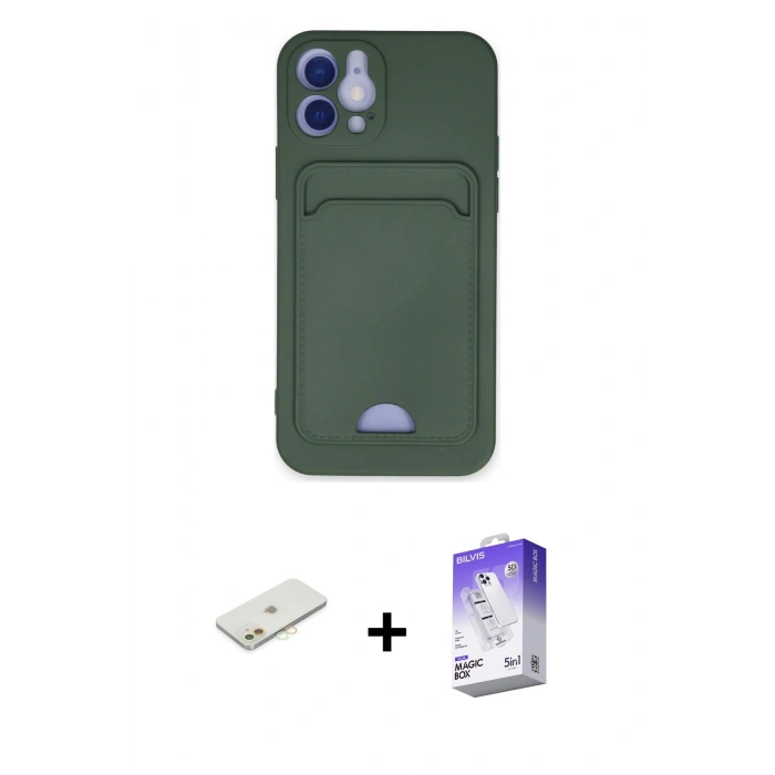 MARSİLYAN™- iPhone 12 Kılıf Vadi Çizgi Prime - Siyah Bilvis 5in1 3D Magic Cam Ekran Koruyucu + Renkli Kamera Lens Koruma Cam - TU