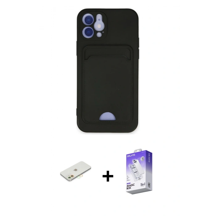 MARSİLYAN™- iPhone 12 Kılıf Vadi Çizgi Prime - Siyah Bilvis 5in1 3D Magic Cam Ekran Koruyucu + Renkli Kamera Lens Koruma Cam - TU