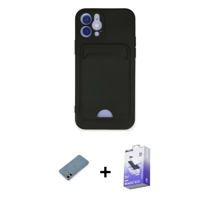 MARSİLYAN™- iPhone 12 Kılıf Vadi Çizgi Prime - Siyah Bilvis 5in1 5D Magic Hayalet Cam Ekran Koruyucu + Metal Kamera Lens Koruma Cam - AKYL