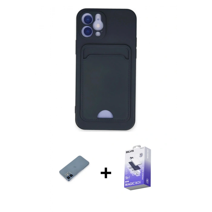 MARSİLYAN™- iPhone 12 Kılıf Vadi Çizgi Prime - Siyah Bilvis 5in1 5D Magic Hayalet Cam Ekran Koruyucu + Metal Kamera Lens Koruma Cam - MI