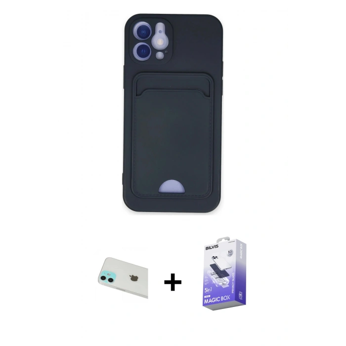 MARSİLYAN™- iPhone 12 Kılıf Vadi Çizgi Prime - Siyah Bilvis 5in1 5D Magic Hayalet Cam Ekran Koruyucu + Rainbow Kamera Lens Koruma Cam - YL