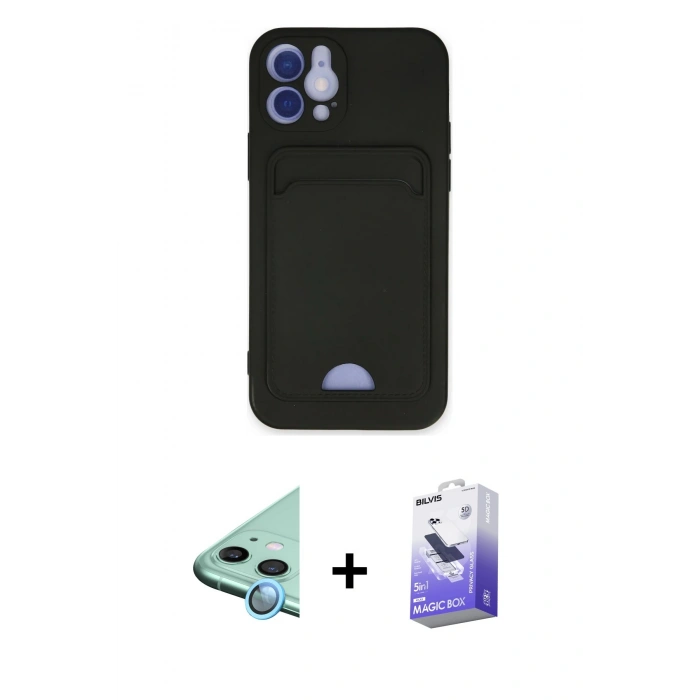 MARSİLYAN™- iPhone 12 Kılıf Vadi Çizgi Prime - Siyah Bilvis 5in1 5D Magic Hayalet Cam Ekran Koruyucu + Raze Metal Kamera Lens - MI