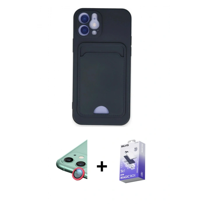 MARSİLYAN™- iPhone 12 Kılıf Vadi Çizgi Prime - Siyah Bilvis 5in1 5D Magic Hayalet Cam Ekran Koruyucu + Raze Metal Kamera Lens - KI
