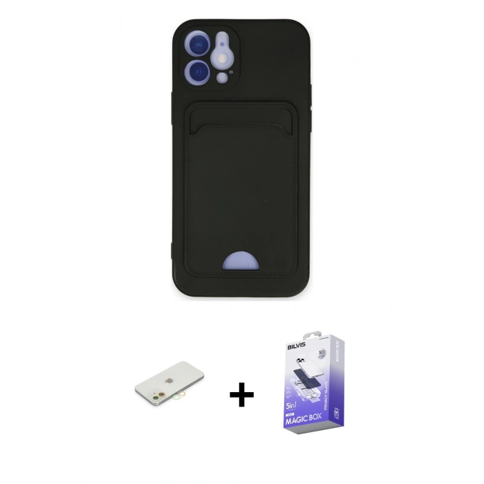 MARSİLYAN™- iPhone 12 Kılıf Vadi Çizgi Prime - Siyah Bilvis 5in1 5D Magic Hayalet Cam Ekran Koruyucu + Renkli Kamera Lens Koruma Cam - TU