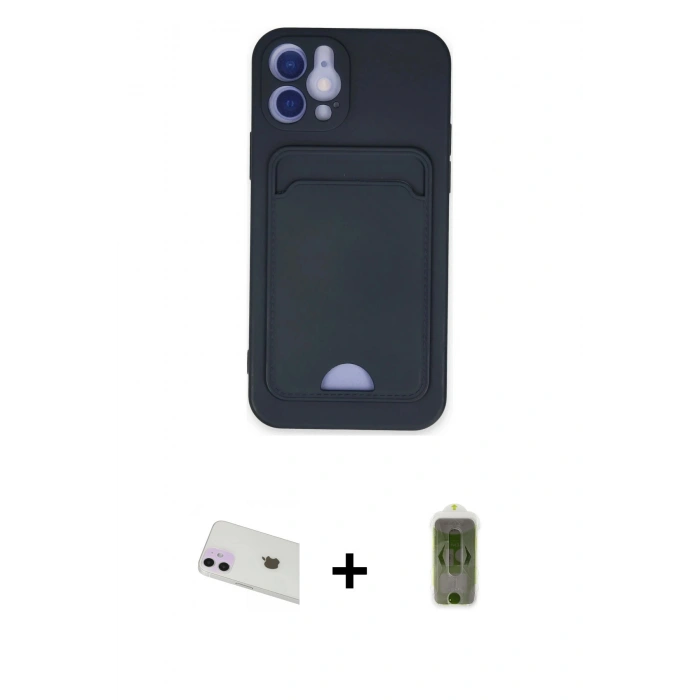 MARSİLYAN™- iPhone 12 Kılıf Vadi Çizgi Prime - Siyah Joko Magic 5D Hayalet Cam + Mor Rainbow Kamera Lens Koruma Cam