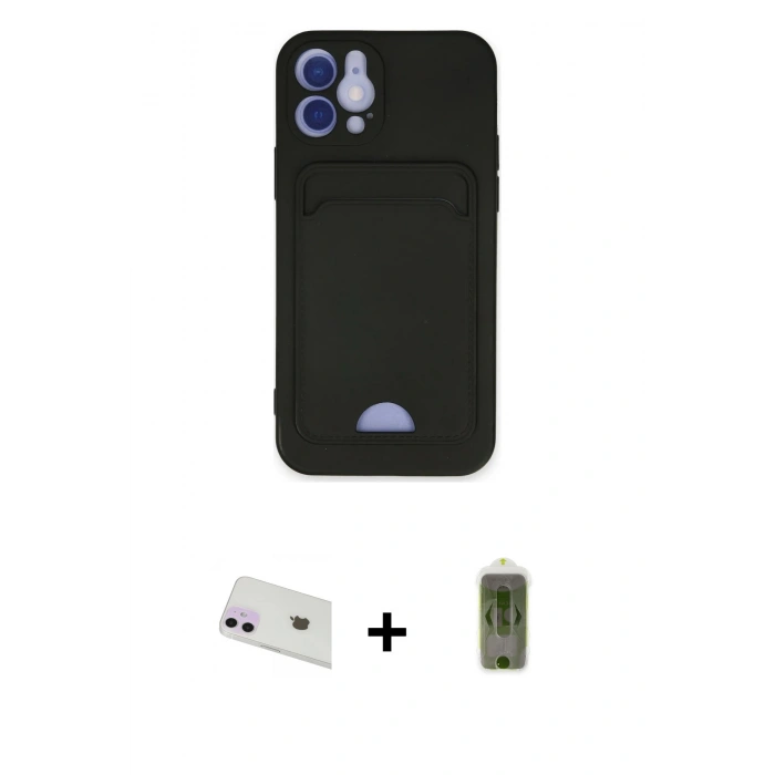 MARSİLYAN™- iPhone 12 Kılıf Vadi Çizgi Prime - Siyah Joko Magic 5D Hayalet Cam + Mor Rainbow Kamera Lens Koruma Cam