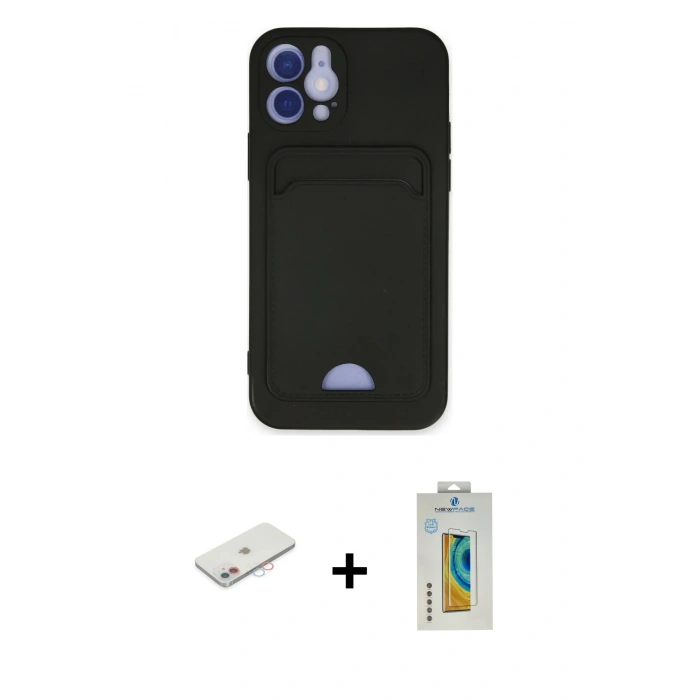 MARSİLYAN™- iPhone 12 Kılıf Vadi Çizgi Prime - Siyah Polymer Nano Ekran Koruyucu + Pembe Renkli Kamera Lens Koruma Cam