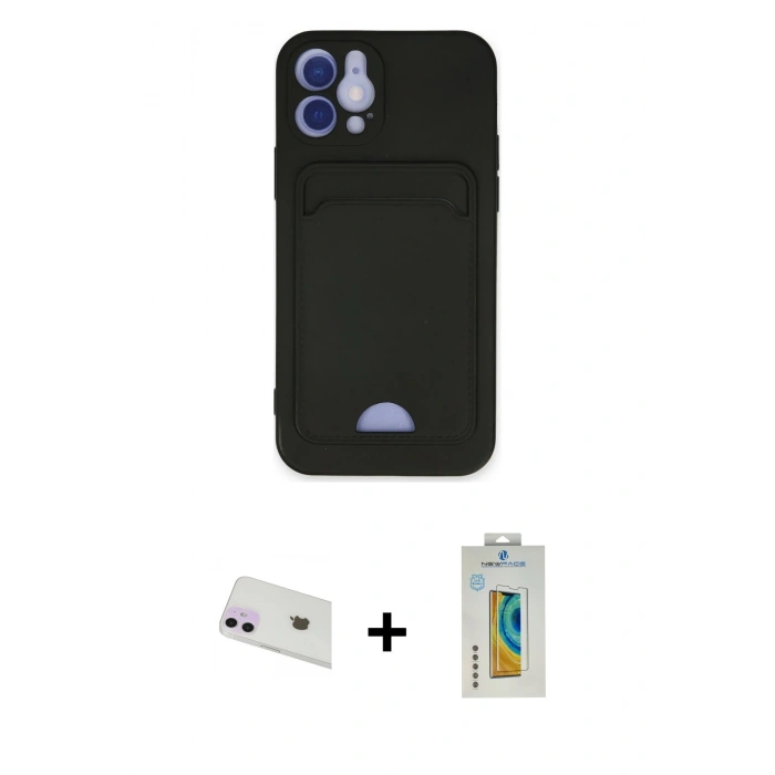 MARSİLYAN™- iPhone 12 Kılıf Vadi Çizgi Prime - Siyah Polymer Nano Ekran Koruyucu + Rainbow Kamera Lens Koruma Cam - MR