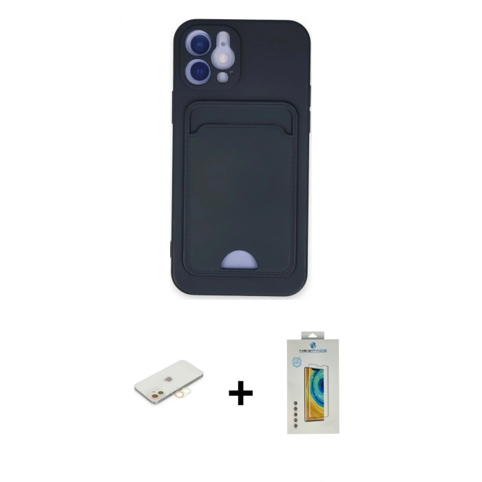 MARSİLYAN™- iPhone 12 Kılıf Vadi Çizgi Prime - Siyah Polymer Nano Ekran Koruyucu + Sarı Renkli Kamera Lens Koruma Cam