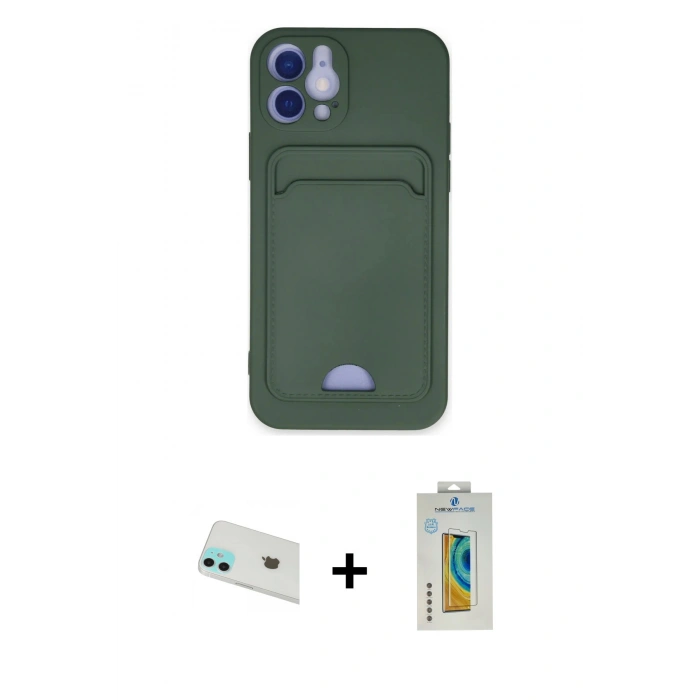MARSİLYAN™- iPhone 12 Kılıf Vadi Çizgi Prime - Siyah Polymer Nano Ekran Koruyucu + Yeşil Rainbow Kamera Lens Koruma Cam