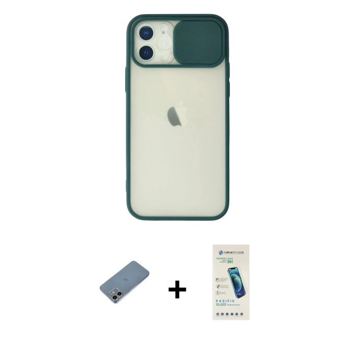 MARSİLYAN™- iPhone 12 Kılıf Vadi Çizgi - Şeffaf Pasifik Cam Ekran Koruyucu + Shine Kamera Lens Koruma Cam - GI