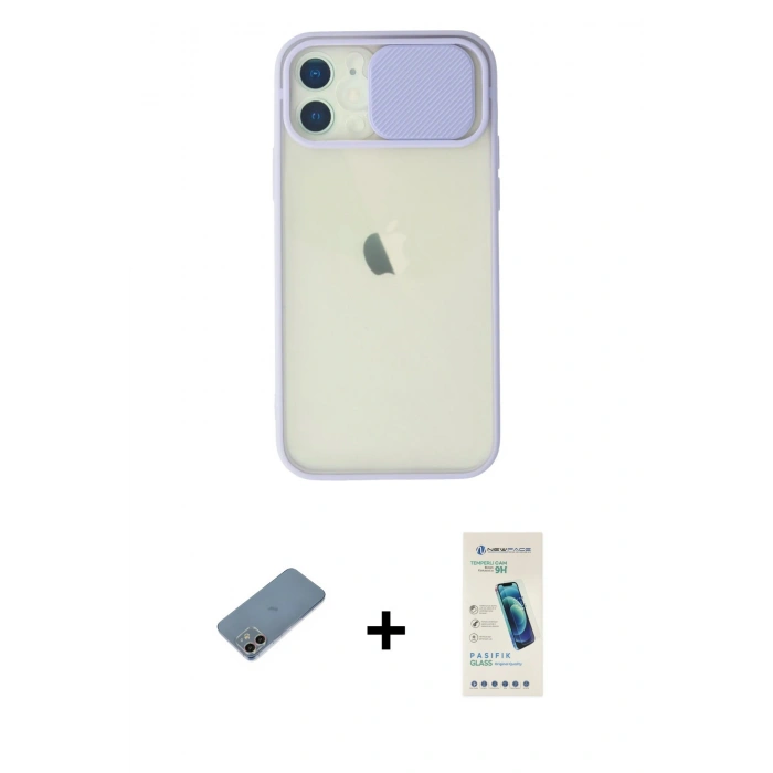 MARSİLYAN™- iPhone 12 Kılıf Vadi Çizgi - Şeffaf Pasifik Cam Ekran Koruyucu + Shine Kamera Lens Koruma Cam - GI
