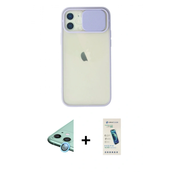 MARSİLYAN™- iPhone 12 Kılıf Vadi Çizgi - Şeffaf Pasifik Cam Ekran Koruyucu + Raze Metal Kamera Lens - MI