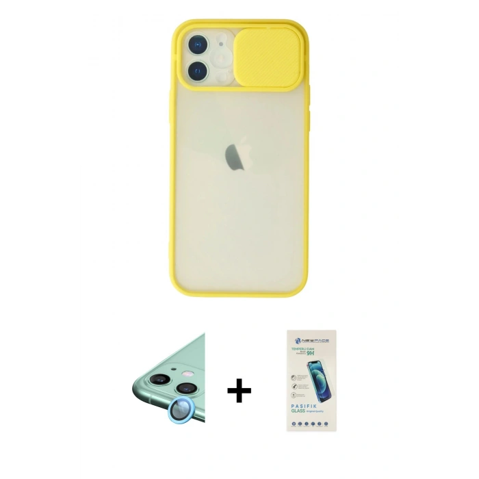 MARSİLYAN™- iPhone 12 Kılıf Vadi Çizgi - Şeffaf Pasifik Cam Ekran Koruyucu + Raze Metal Kamera Lens - MI