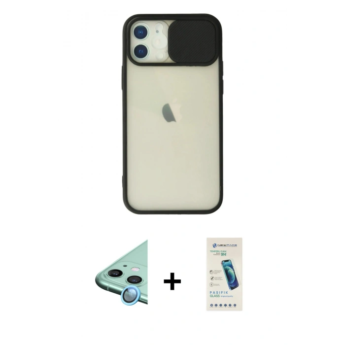 MARSİLYAN™- iPhone 12 Kılıf Vadi Çizgi - Şeffaf Pasifik Cam Ekran Koruyucu + Raze Metal Kamera Lens - MI