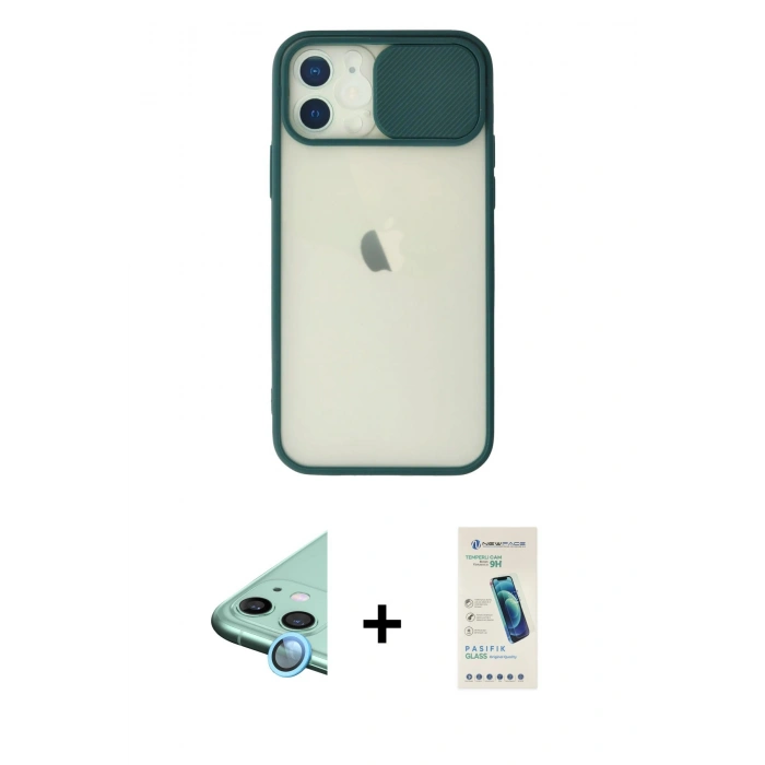 MARSİLYAN™- iPhone 12 Kılıf Vadi Çizgi - Şeffaf Pasifik Cam Ekran Koruyucu + Raze Metal Kamera Lens - MI