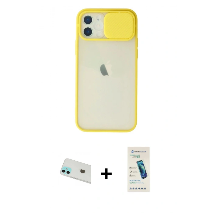 MARSİLYAN™- iPhone 12 Kılıf Vadi Çizgi - Şeffaf Pasifik Cam Ekran Koruyucu + Rainbow Kamera Lens Koruma Cam - YL