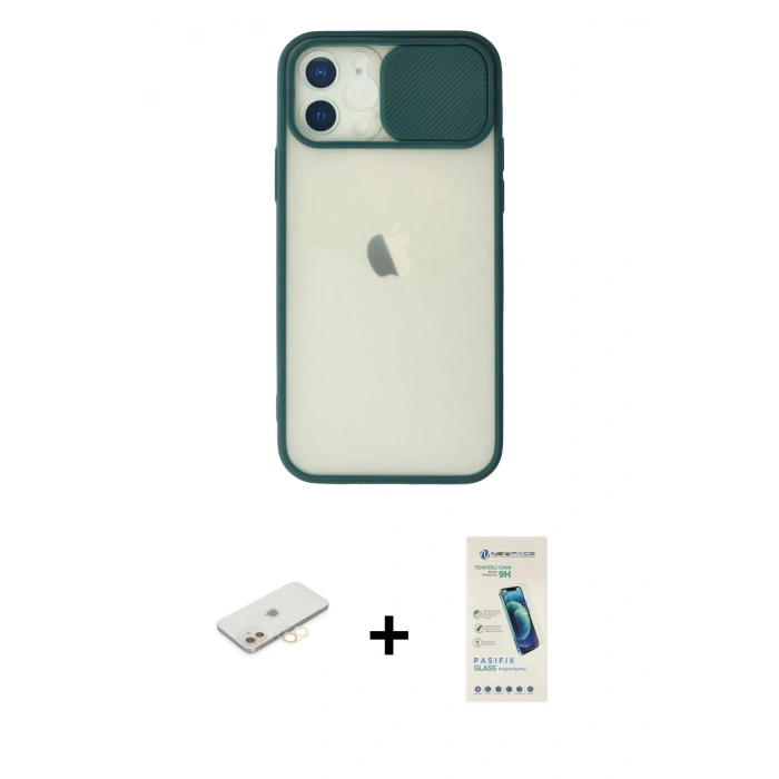 MARSİLYAN™- iPhone 12 Kılıf Vadi Çizgi - Şeffaf Pasifik Cam Ekran Koruyucu + Renkli Kamera Lens Koruma Cam - SI