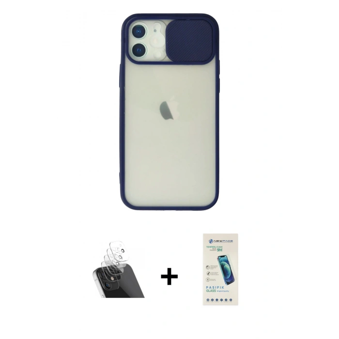 MARSİLYAN™- iPhone 12 Kılıf Vadi Çizgi - Şeffaf Pasifik Cam Ekran Koruyucu + Kamera Lens Koruma Cam - SF
