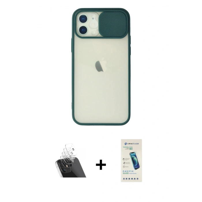 MARSİLYAN™- iPhone 12 Kılıf Vadi Çizgi - Şeffaf Pasifik Cam Ekran Koruyucu + Kamera Lens Koruma Cam - SF