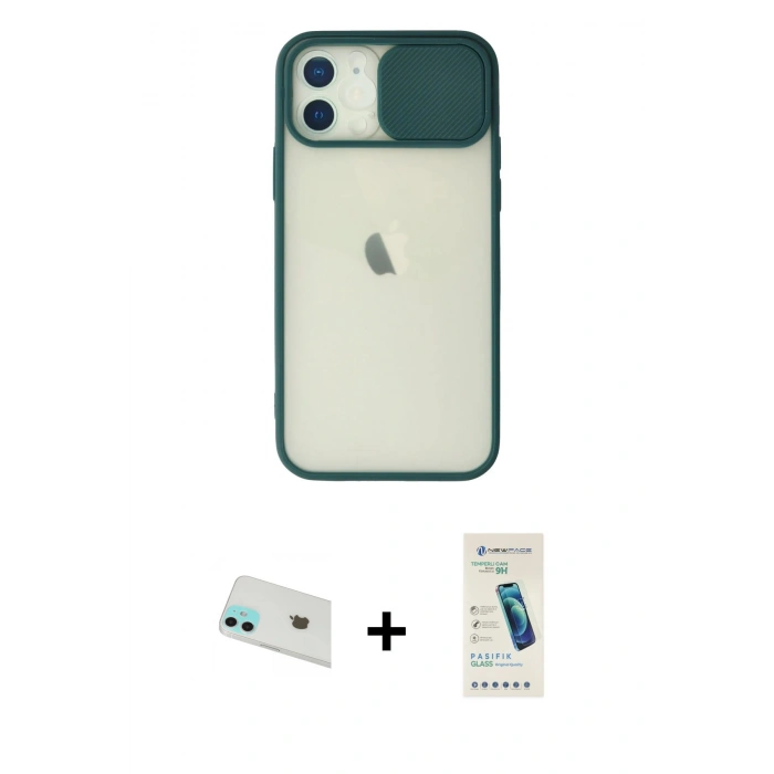 MARSİLYAN™- iPhone 12 Kılıf Vadi Çizgi - Şeffaf Pasifik Cam Ekran Koruyucu + Rainbow Kamera Lens Koruma Cam - YL
