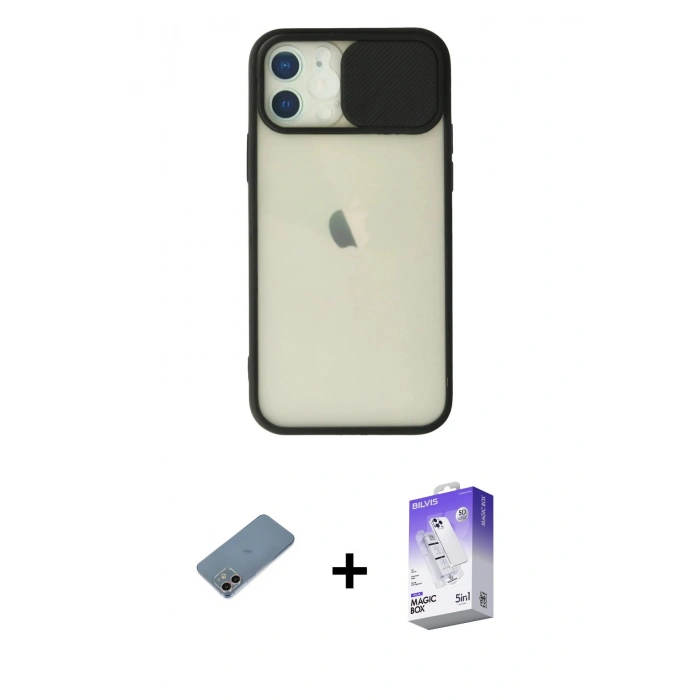 MARSİLYAN™- iPhone 12 Kılıf Vadi Çizgi - Siyah Bilvis 5in1 3D Magic Cam Ekran Koruyucu + Shine Kamera Lens Koruma Cam - GI