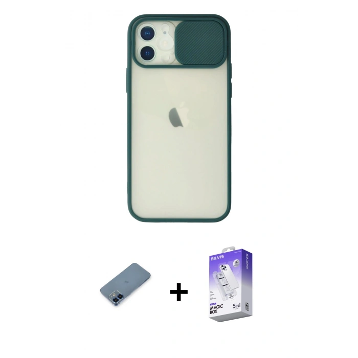 MARSİLYAN™- iPhone 12 Kılıf Vadi Çizgi - Siyah Bilvis 5in1 3D Magic Cam Ekran Koruyucu + Mavi Metal Kamera Lens Koruma Cam