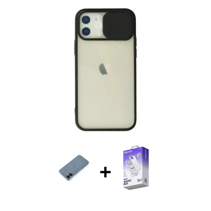 MARSİLYAN™- iPhone 12 Kılıf Vadi Çizgi - Siyah Bilvis 5in1 3D Magic Cam Ekran Koruyucu + Mavi Metal Kamera Lens Koruma Cam