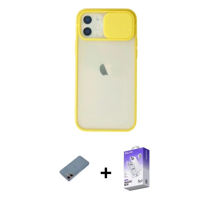 MARSİLYAN™- iPhone 12 Kılıf Vadi Çizgi - Siyah Bilvis 5in1 3D Magic Cam Ekran Koruyucu + Pembe Shine Kamera Lens Koruma Cam