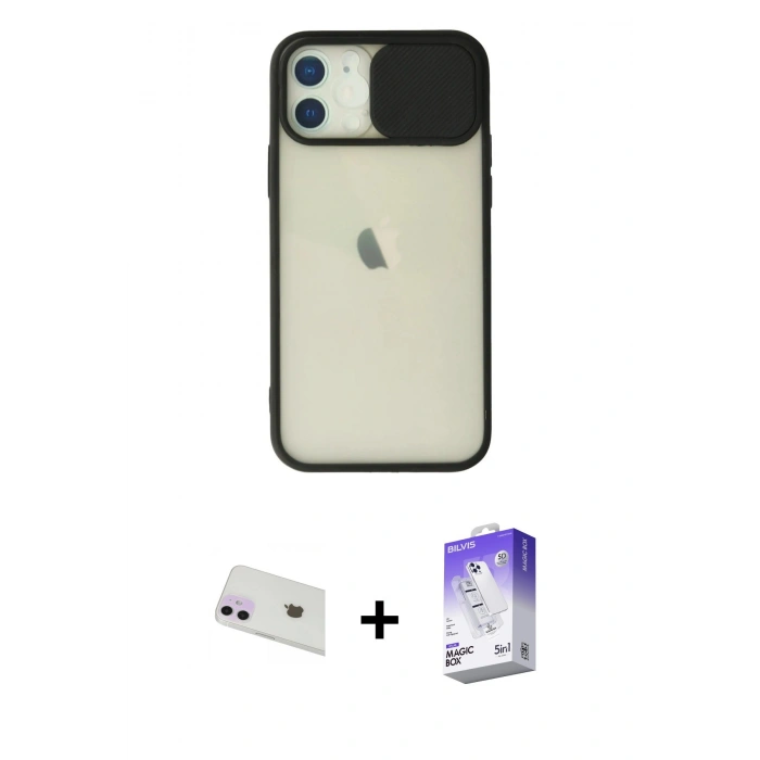 MARSİLYAN™- iPhone 12 Kılıf Vadi Çizgi - Siyah Bilvis 5in1 3D Magic Cam Ekran Koruyucu + Rainbow Kamera Lens Koruma Cam - MR
