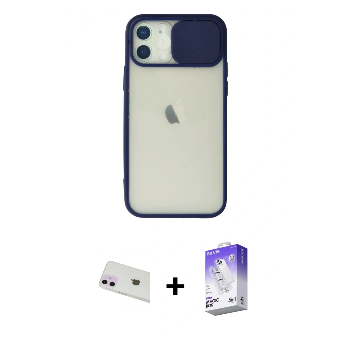 MARSİLYAN™- iPhone 12 Kılıf Vadi Çizgi - Siyah Bilvis 5in1 3D Magic Cam Ekran Koruyucu + Rainbow Kamera Lens Koruma Cam - MR