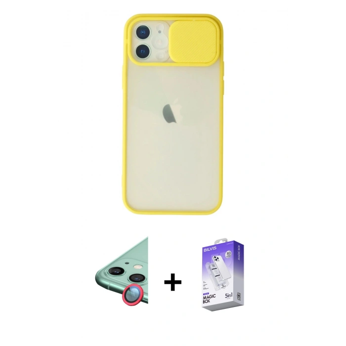 MARSİLYAN™- iPhone 12 Kılıf Vadi Çizgi - Siyah Bilvis 5in1 3D Magic Cam Ekran Koruyucu + Raze Metal Kamera Lens - KI
