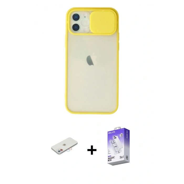 MARSİLYAN™- iPhone 12 Kılıf Vadi Çizgi - Siyah Bilvis 5in1 3D Magic Cam Ekran Koruyucu + Renkli Kamera Lens Koruma Cam - PE