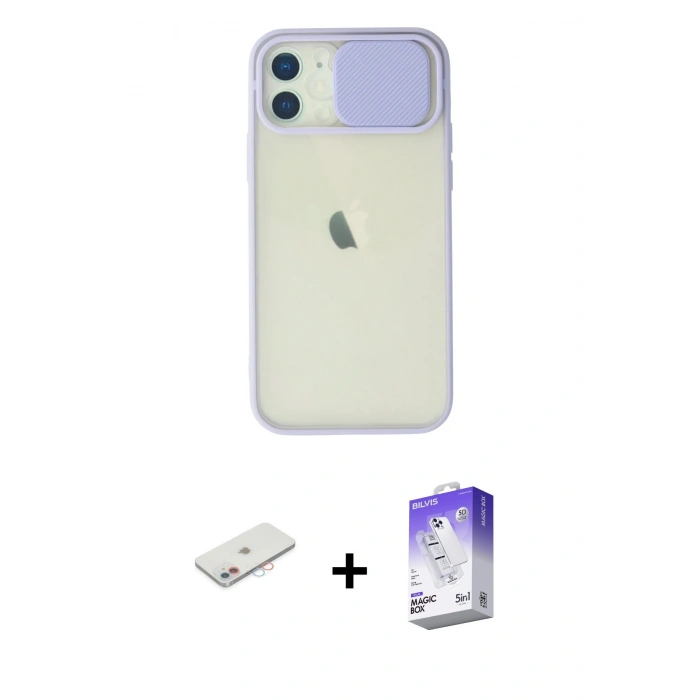 MARSİLYAN™- iPhone 12 Kılıf Vadi Çizgi - Siyah Bilvis 5in1 3D Magic Cam Ekran Koruyucu + Renkli Kamera Lens Koruma Cam - PE
