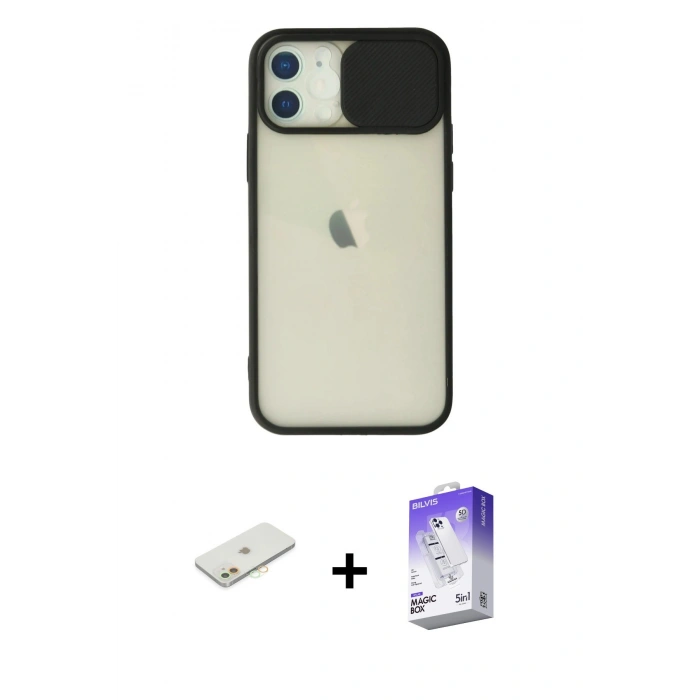 MARSİLYAN™- iPhone 12 Kılıf Vadi Çizgi - Siyah Bilvis 5in1 3D Magic Cam Ekran Koruyucu + Renkli Kamera Lens Koruma Cam - TU