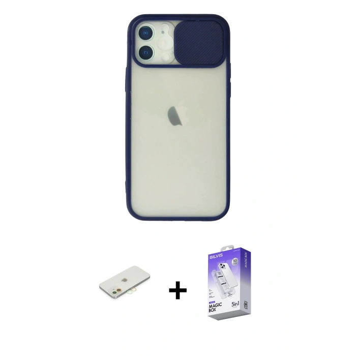 MARSİLYAN™- iPhone 12 Kılıf Vadi Çizgi - Siyah Bilvis 5in1 3D Magic Cam Ekran Koruyucu + Renkli Kamera Lens Koruma Cam - TU