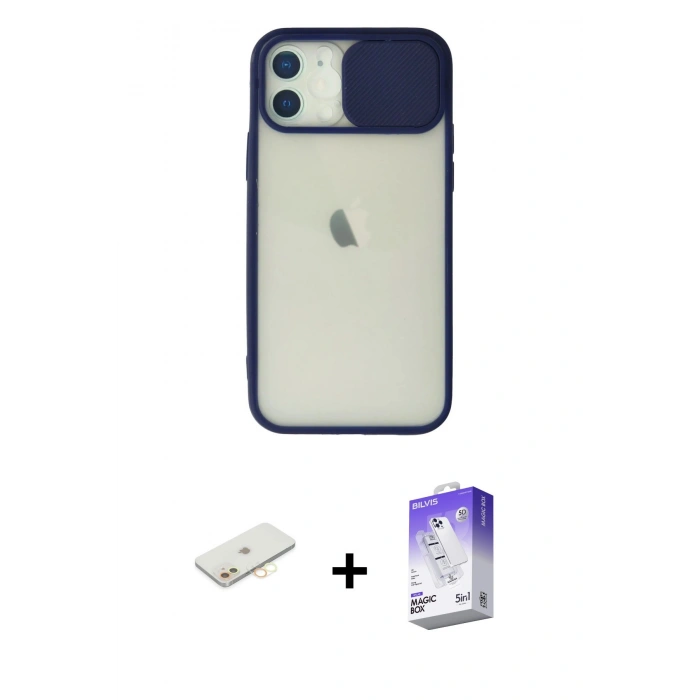 MARSİLYAN™- iPhone 12 Kılıf Vadi Çizgi - Siyah Bilvis 5in1 3D Magic Cam Ekran Koruyucu + Renkli Kamera Lens Koruma Cam - SI