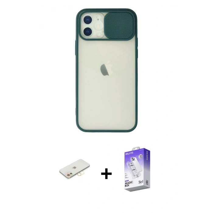 MARSİLYAN™- iPhone 12 Kılıf Vadi Çizgi - Siyah Bilvis 5in1 3D Magic Cam Ekran Koruyucu + Renkli Kamera Lens Koruma Cam - SI