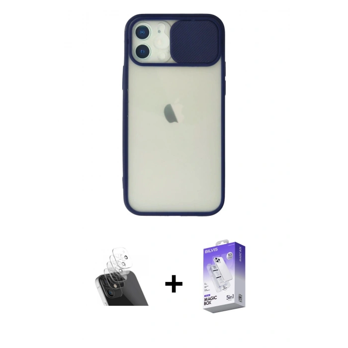 MARSİLYAN™- iPhone 12 Kılıf Vadi Çizgi - Siyah Bilvis 5in1 3D Magic Cam Ekran Koruyucu + Kamera Lens Koruma Cam - SF