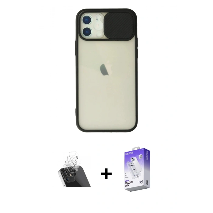 MARSİLYAN™- iPhone 12 Kılıf Vadi Çizgi - Siyah Bilvis 5in1 3D Magic Cam Ekran Koruyucu + Kamera Lens Koruma Cam - SF