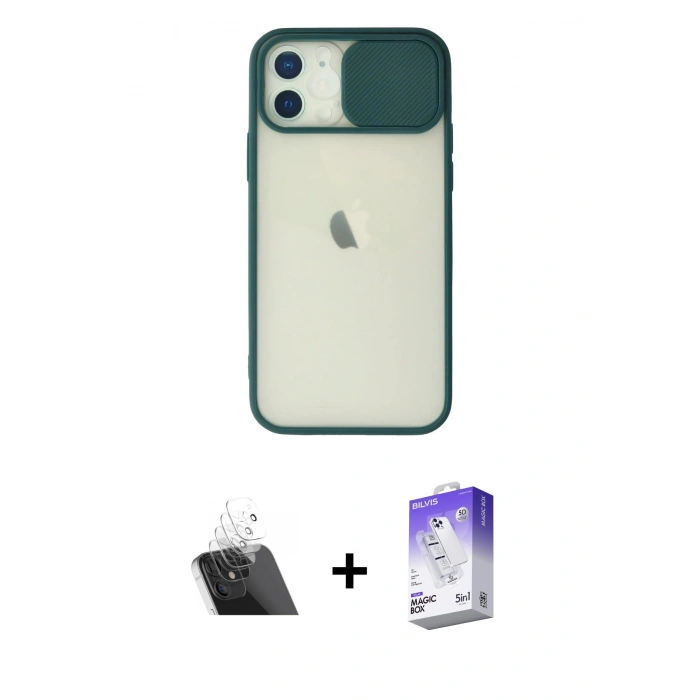 MARSİLYAN™- iPhone 12 Kılıf Vadi Çizgi - Siyah Bilvis 5in1 3D Magic Cam Ekran Koruyucu + Kamera Lens Koruma Cam - SF