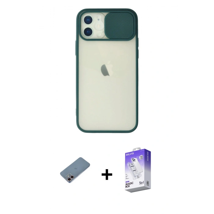 MARSİLYAN™- iPhone 12 Kılıf Vadi Çizgi - Siyah Bilvis 5in1 3D Magic Cam Ekran Koruyucu + Shine Kamera Lens Koruma Cam - PE