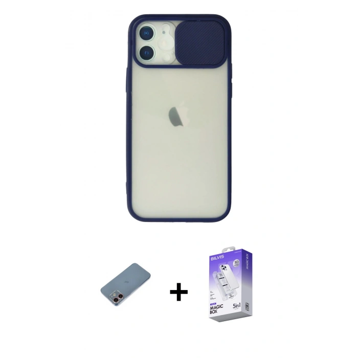 MARSİLYAN™- iPhone 12 Kılıf Vadi Çizgi - Siyah Bilvis 5in1 3D Magic Cam Ekran Koruyucu + Shine Kamera Lens Koruma Cam - PE