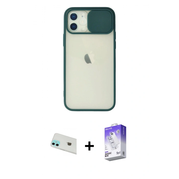 MARSİLYAN™- iPhone 12 Kılıf Vadi Çizgi - Siyah Bilvis 5in1 3D Magic Cam Ekran Koruyucu + Yeşil Rainbow Kamera Lens Koruma Cam