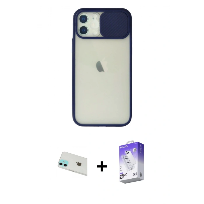 MARSİLYAN™- iPhone 12 Kılıf Vadi Çizgi - Siyah Bilvis 5in1 3D Magic Cam Ekran Koruyucu + Yeşil Rainbow Kamera Lens Koruma Cam