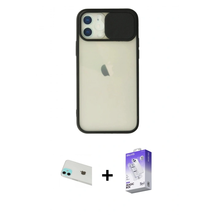 MARSİLYAN™- iPhone 12 Kılıf Vadi Çizgi - Siyah Bilvis 5in1 3D Magic Cam Ekran Koruyucu + Yeşil Rainbow Kamera Lens Koruma Cam