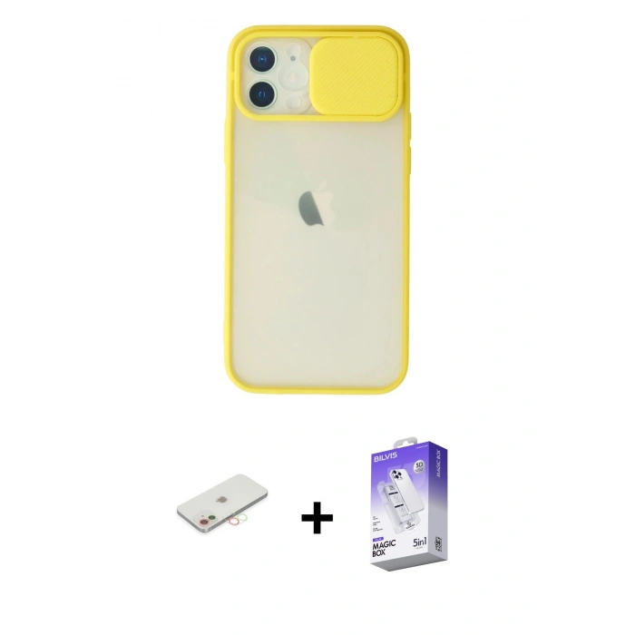 MARSİLYAN™- iPhone 12 Kılıf Vadi Çizgi - Siyah Bilvis 5in1 3D Magic Cam Ekran Koruyucu + Renkli Kamera Lens Koruma Cam - YL
